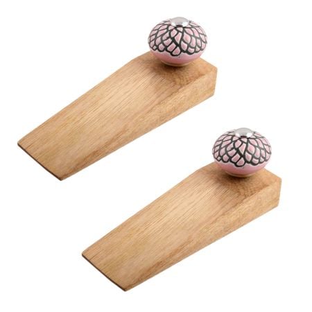 2 Pieces Pink And Black Etched Ceramic Wooden Door Stopper
